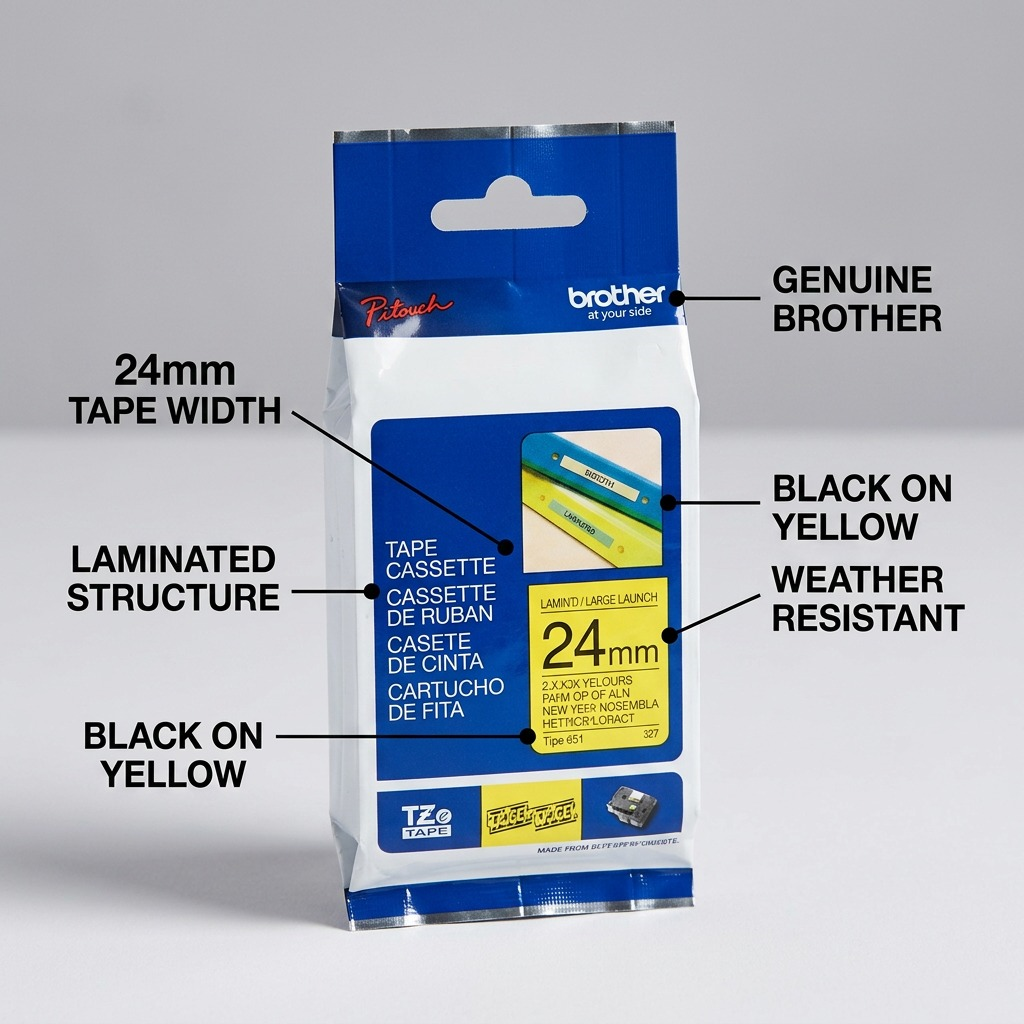 Brother Genuine TZe651 24mm black on yellow label tape features: laminated and weather resistant.