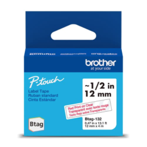 Ruban non laminé Brother d'origine BTAG132 pour étiqueteuses P-touch, rouge sur transparent – 12 mm de large x 4 m de long