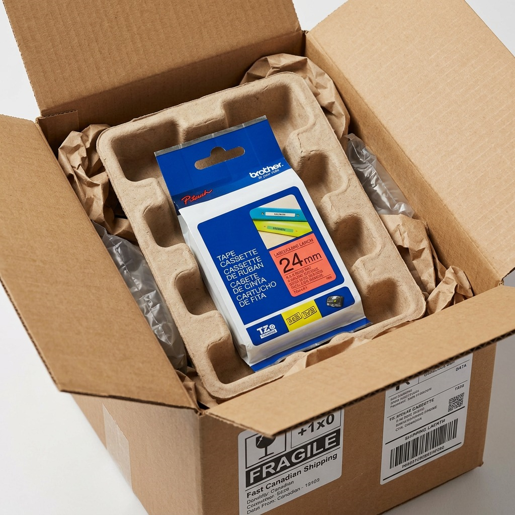Brother TZe451 24mm tape securely packed in a cardboard box with protective dunnage for shipping.