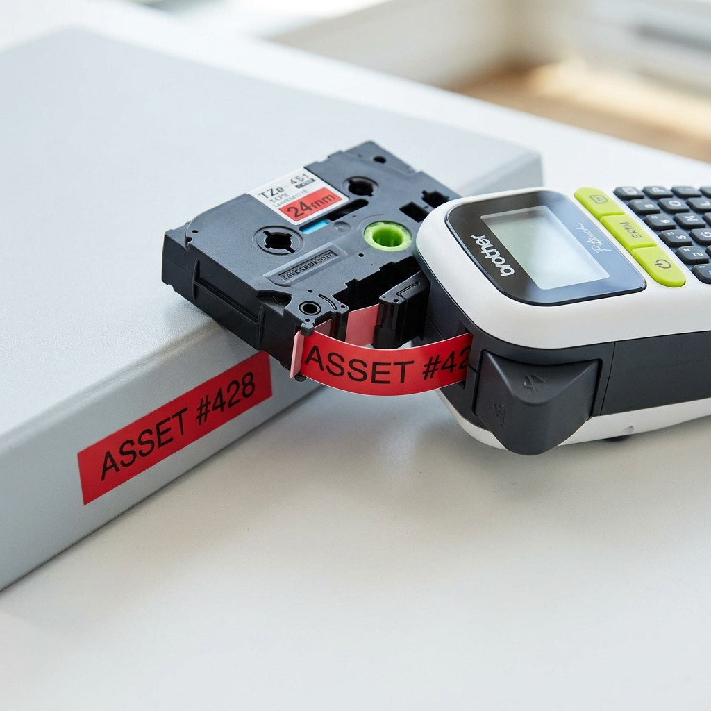 Brother TZe451 black on red 24mm label tape shown as an asset tag on a grey binder.