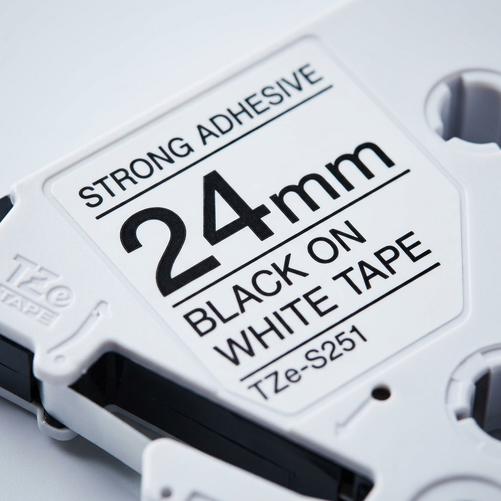 Macro detail of Brother TZe-S251 label cassette housing showing 24mm strong adhesive markings.