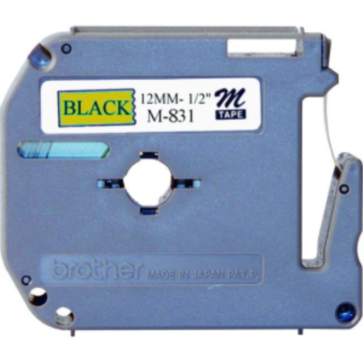 Ruban non laminé noir sur or Brother d'origine M831 pour étiqueteuses P-touch, 12 mm de large x 8 m de long