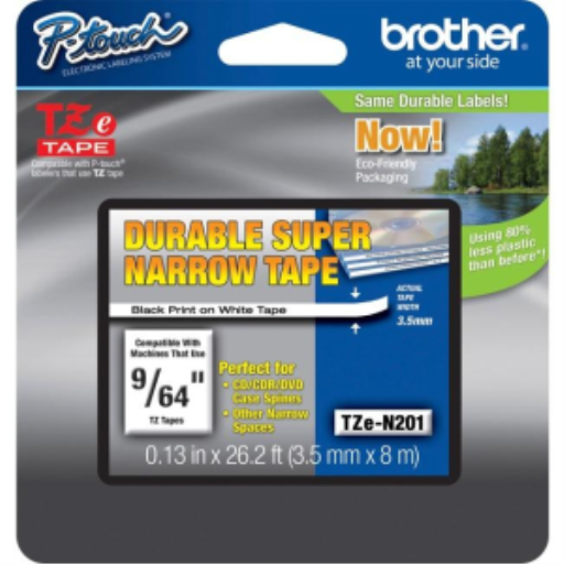 Ruban non laminé Brother d'origine TZeN201 noir sur blanc super étroit 3 mm pour étiqueteuses P-touch