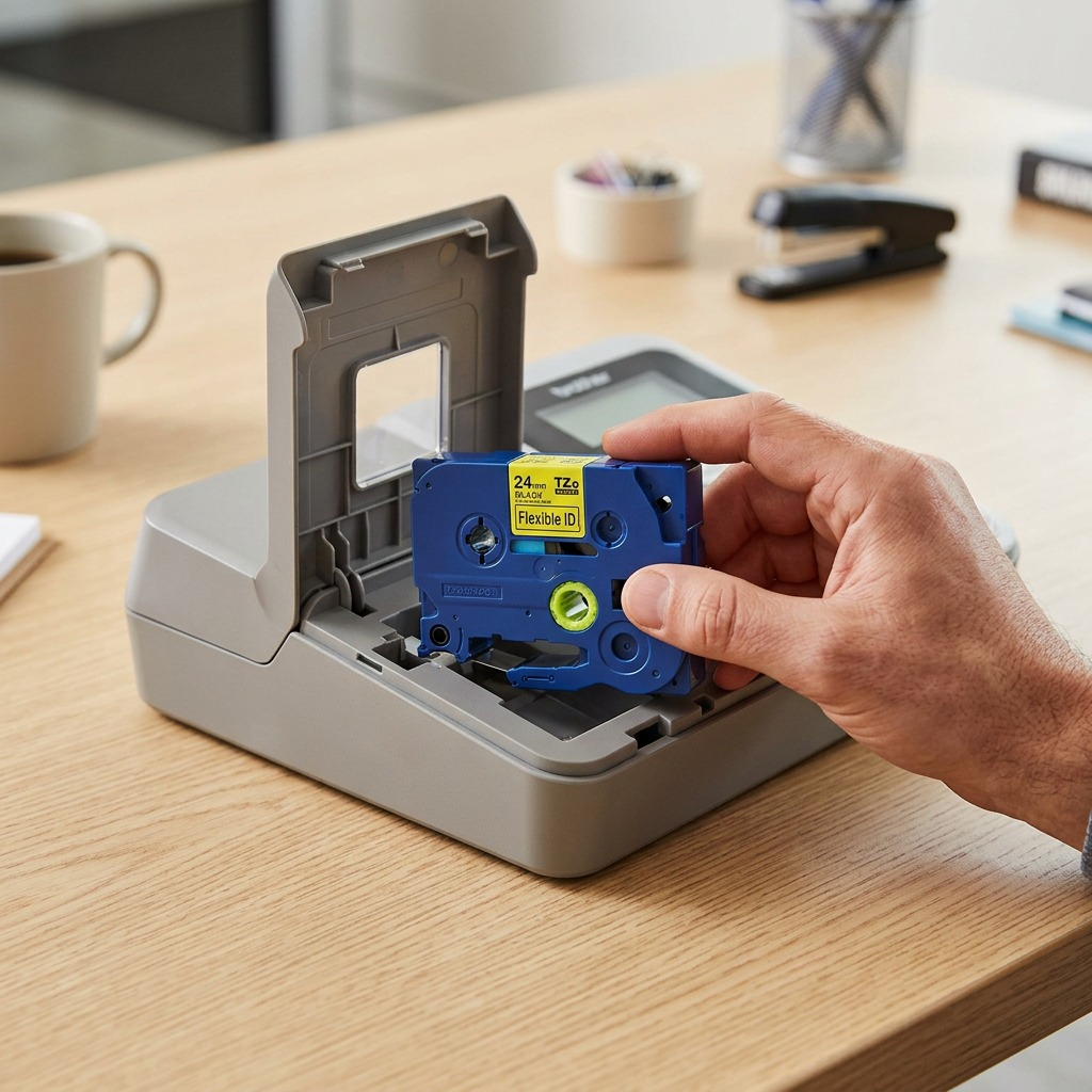 Hand inserting a Brother TZe-FX251 24mm Flexible ID tape cartridge into a P-touch label maker.