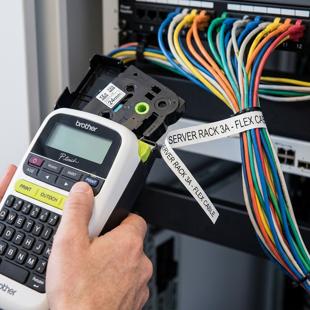 Brother TZe-FX251 24mm Flexible ID Tape used for flagging network cables near a server rack.