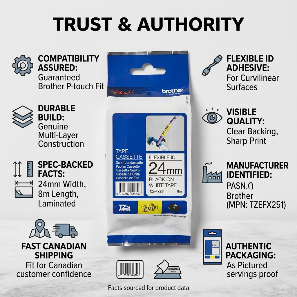 Trust infographic for Brother TZe-FX251 24mm Flexible ID Tape featuring specs and Canadian shipping.
