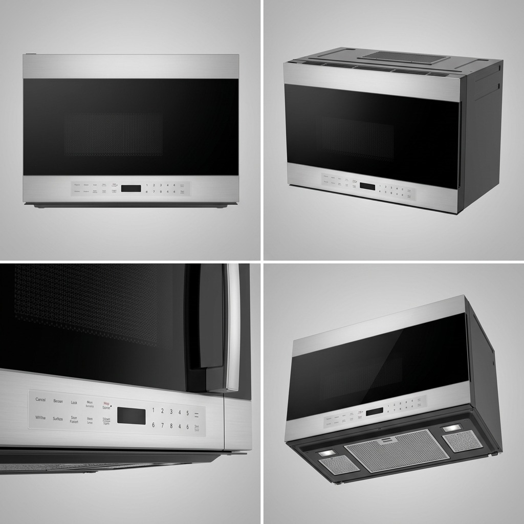 A four-panel product page visual matrix showcasing the stainless steel microwave from different angles: front, side profile, top-down, and bottom.