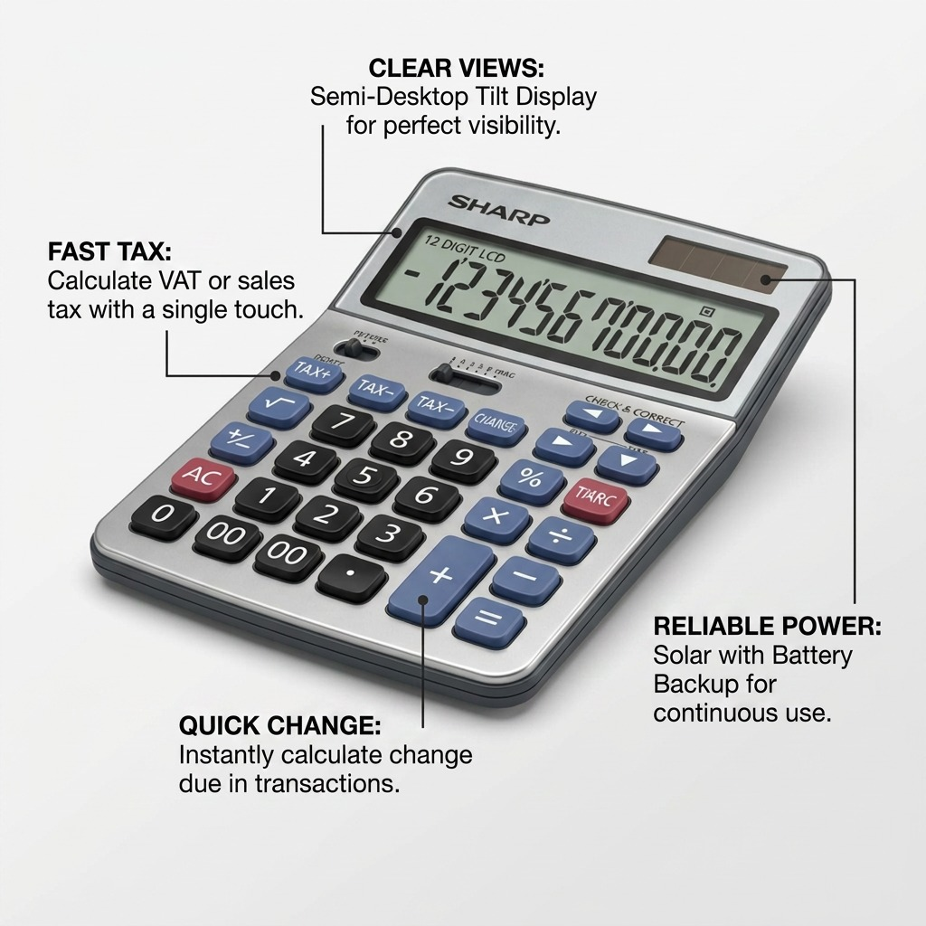 Polished infographic callout for the SHARP EL782CS calculator, highlighting four key operational features with short, factual captions and clean pointer lines on a neutral background.