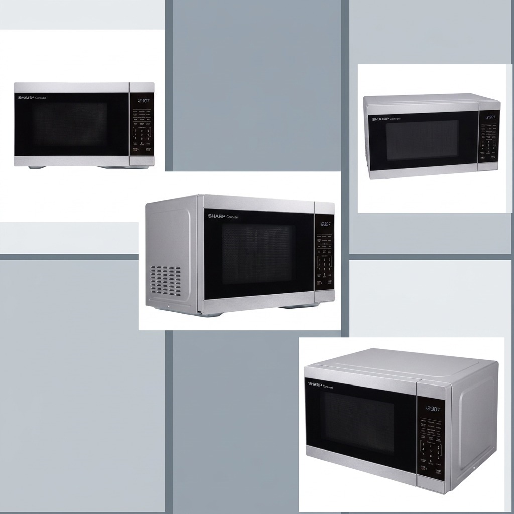 Grid of four product views shows different angles of the same silver Sharp Carousel microwave.