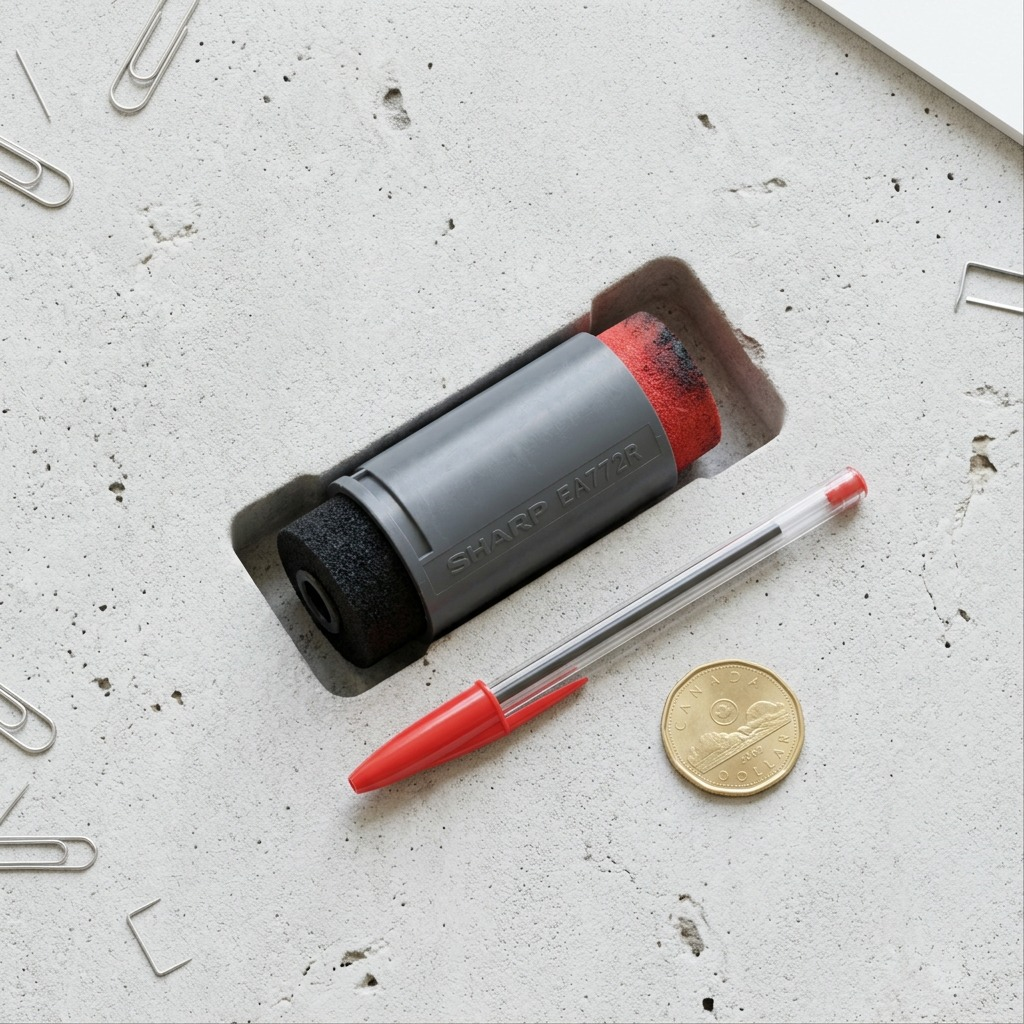 A scale reference view of the Sharp EA772R ink roller next to a standard pen and a Canadian coin.