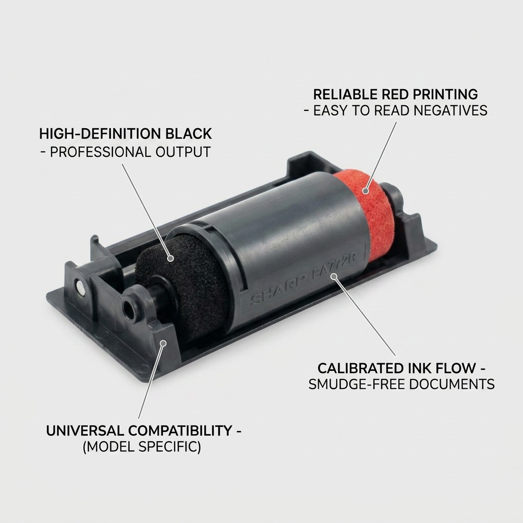 An image featuring a black ink roller, showcasing universal compatibility with diverse calculator models.