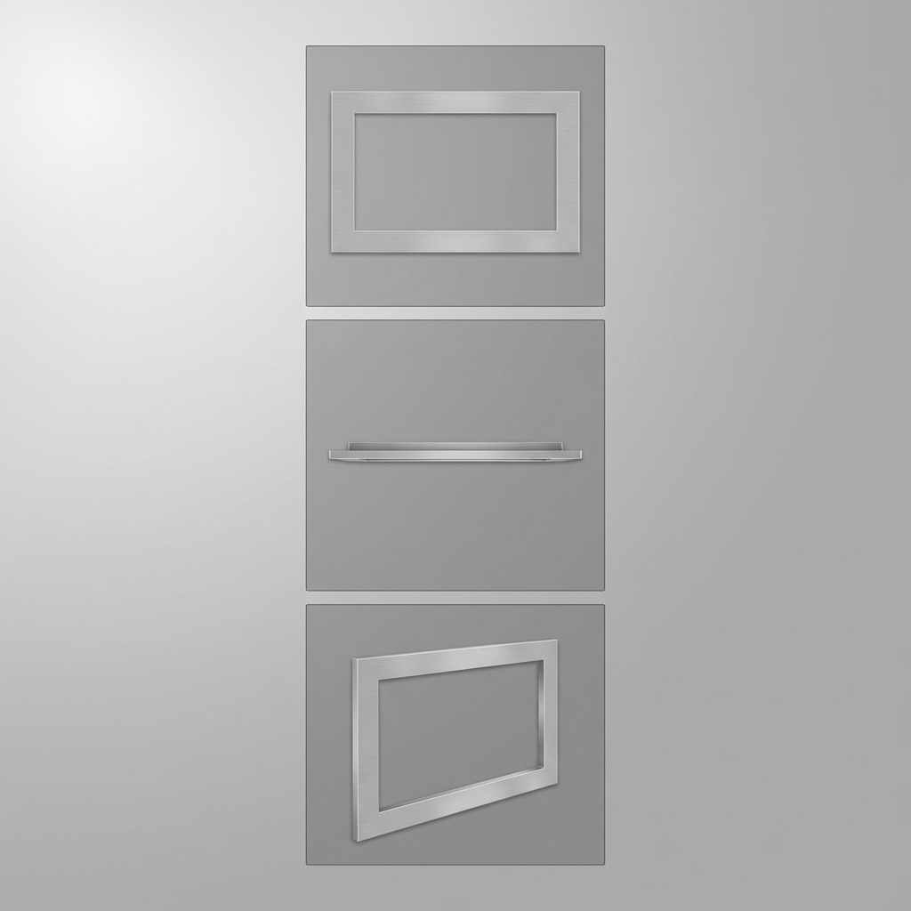A product variant matrix displaying three distinct views (front, top-down, angled) of the Sharp SKM226430LS stainless steel microwave trim kit in a grid format, within a clean, product-focused ecommerce environment and lighting.
