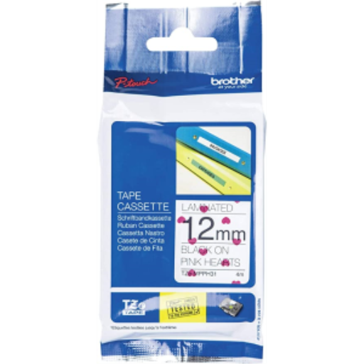 Brother Genuine TZeMPPH31 Black Print on Pink Hearts Tape for P-touch Label Makers, 12 mm wide x 4 m long