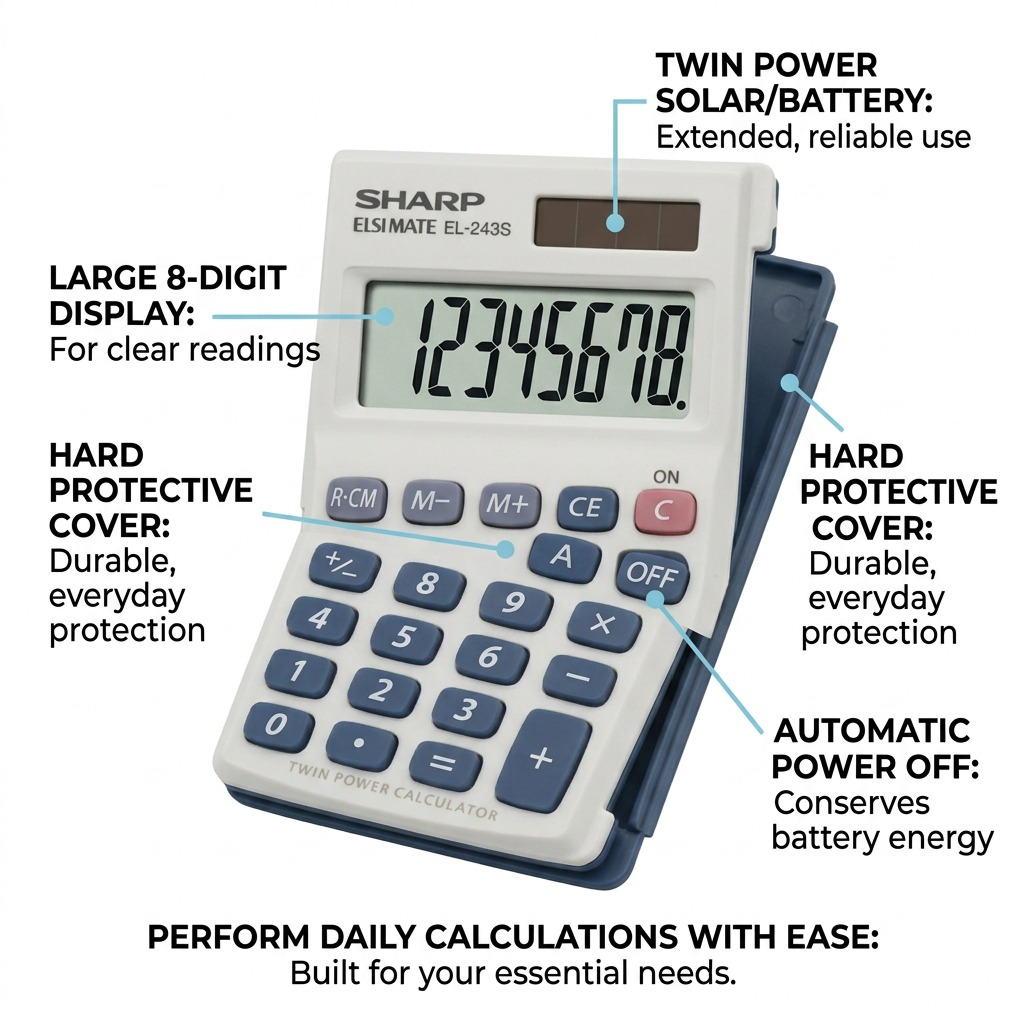Sharp EL-243S 8-Digit Hand-Held Calculator - Twin Power Solar & Battery with Protective Cover