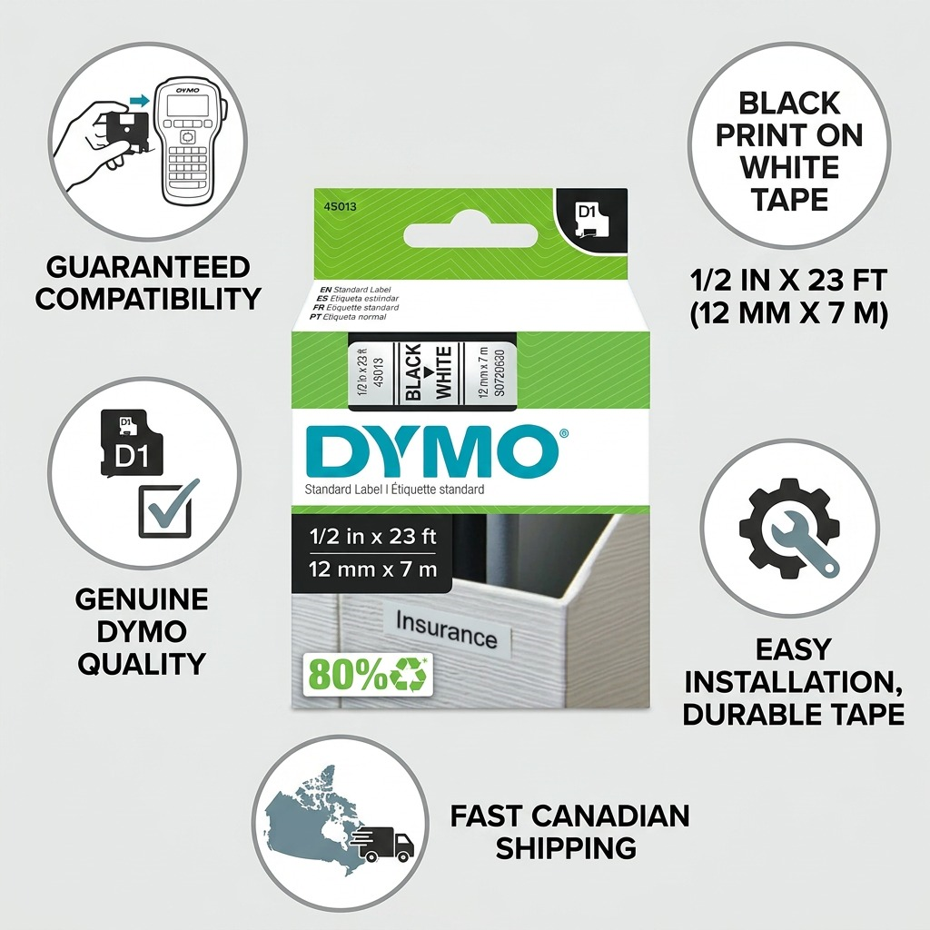 Dymo D1 Standard Labels - Black on White, 1/2" x 23'