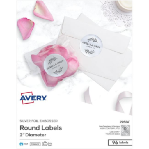 Avery Silver Foil Embossed Round Labels, 2" Diameter, 8 Sheets