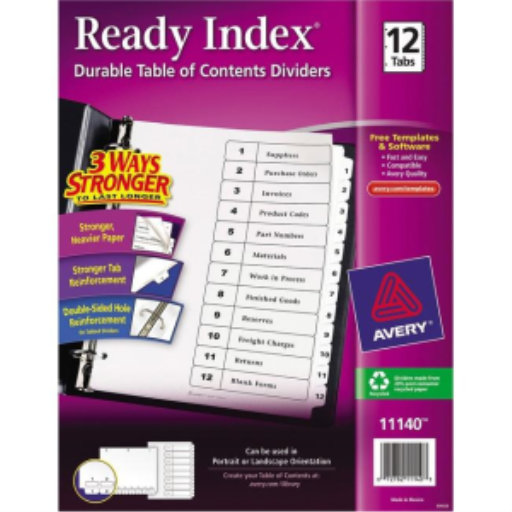 Avery Ready Index Table of Contents Dividers, 12 Tab, 1 Set