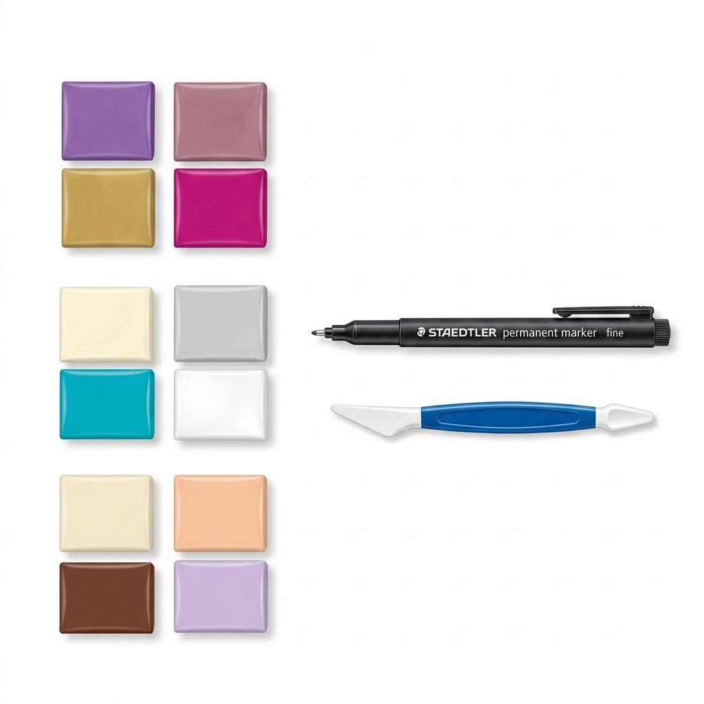 Staedtler Set Modelling Clay Fimo Soft Foodie Fun 12 Color Pack, 1 Permanent Marker, 1 Modelling Tool