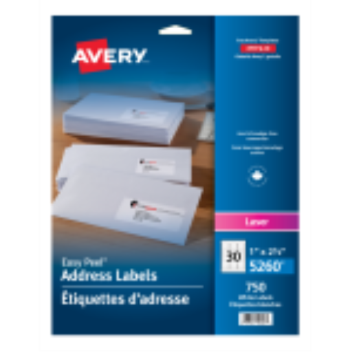 Avery White Easy Peel Labels, 2 5/8" x 1", Permanent, 25 Sheets/Envelope