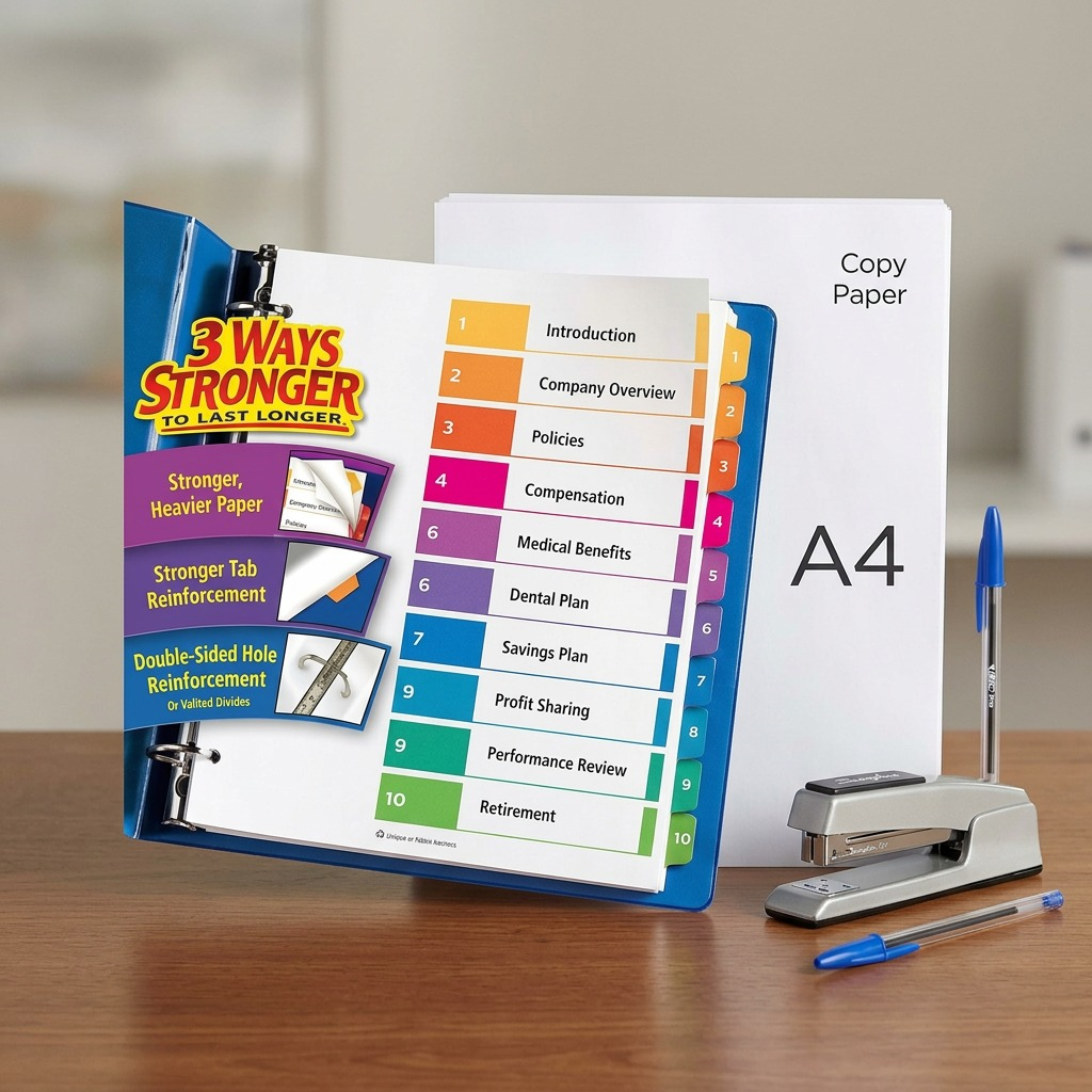 Avery 11135 10-tab dividers in a binder next to A4 copy paper and a stapler for size reference.