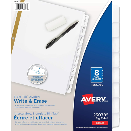 Avery Write-On Dividers, 8 Tab, 1 Set, White, Big Tab