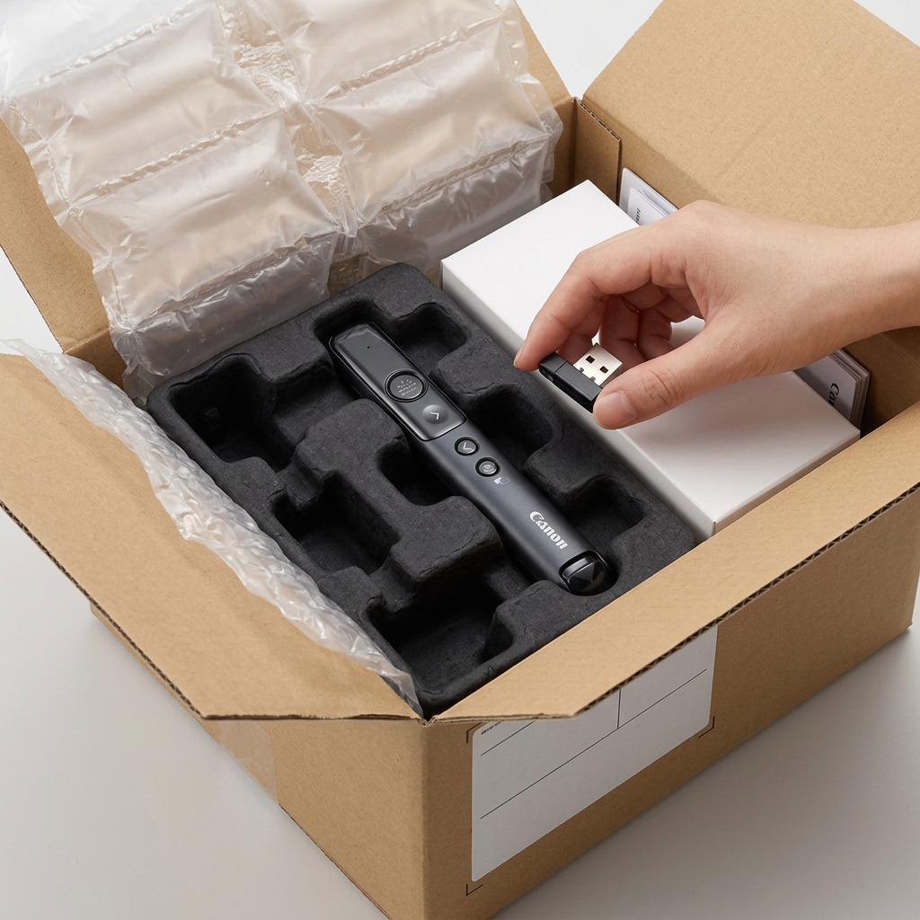 Unboxing the Canon PR1100-R presenter from a secure shipping box with protective air cushions.