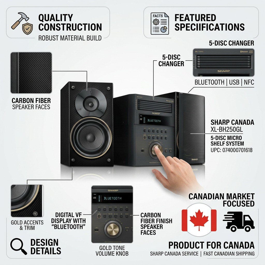Infographic matrix for Sharp XL-BH250GL micro-system, showcasing factual specs for Canadian buyers.