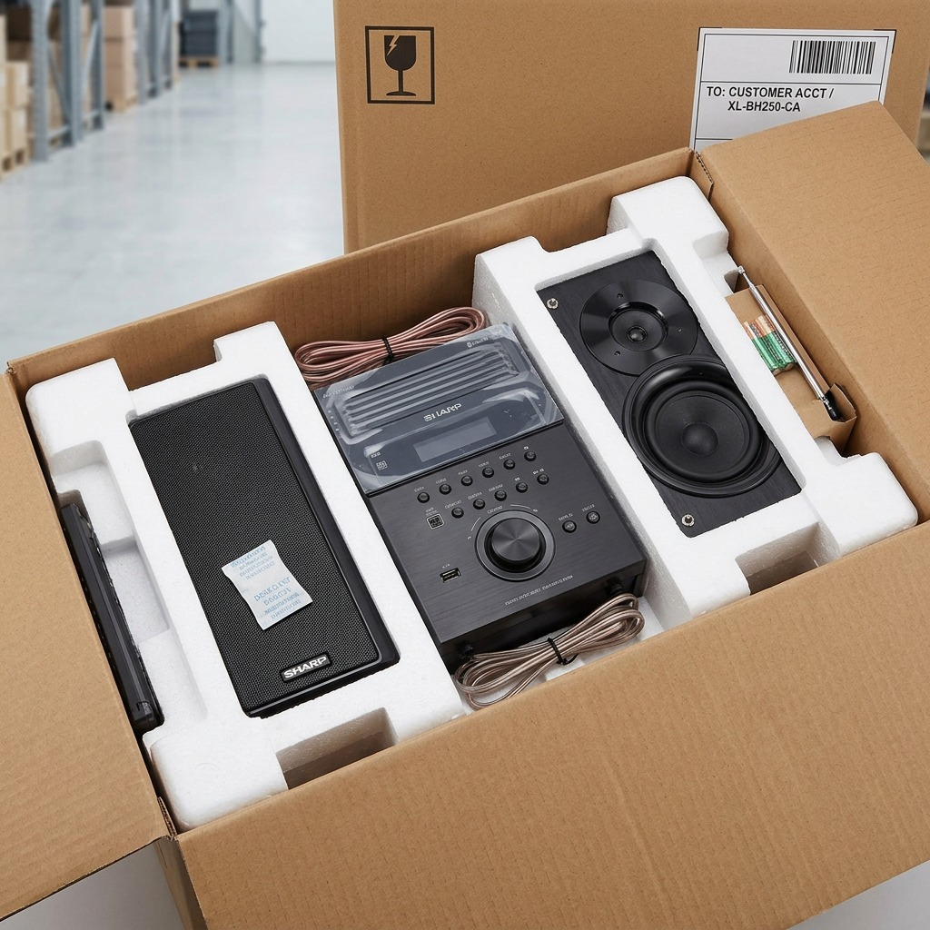 A photo of the Sharp XL-BH250 micro shelf system resting on its original protective Styrofoam in a neutral shipping box.