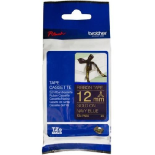 Ruban satin décoratif or sur bleu marine Brother Genuine TZERN34 pour étiqueteuses P-touch, 12 mm de large x 4 m de long