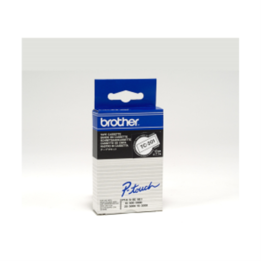 Brother TC201 Black on White 12 mm Tape for P-touch, 7.7 m