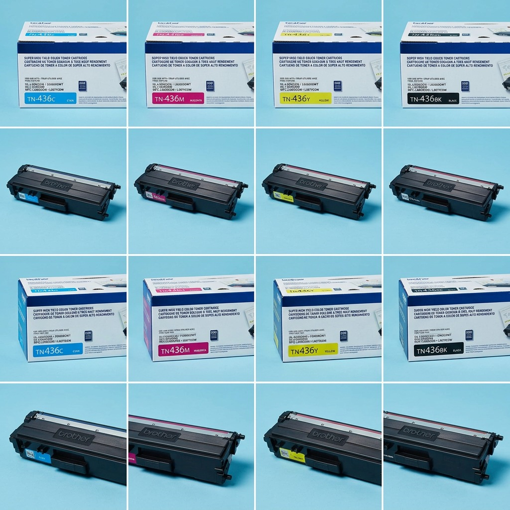 Grid of Brother TN436 series toner cartridges and boxes in cyan, magenta, yellow, and black.