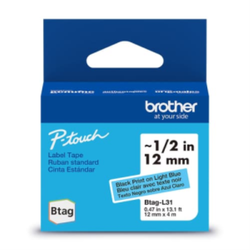 Ruban non laminé d'origine Brother BTAGL31 pour étiqueteuses P-touch, noir sur bleu – 12 mm de large x 4 m de long