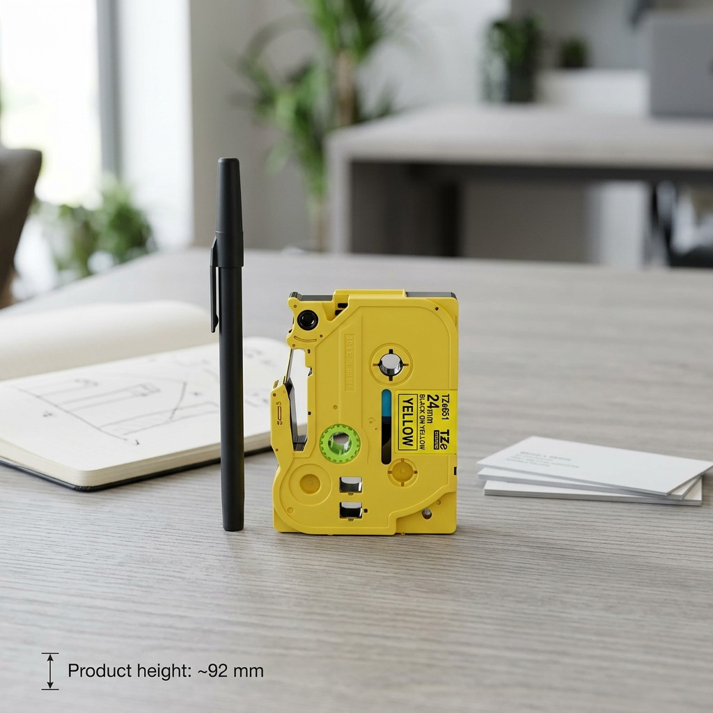 Brother TZe651 24mm label tape cartridge shown on a desk next to a pen for size reference.