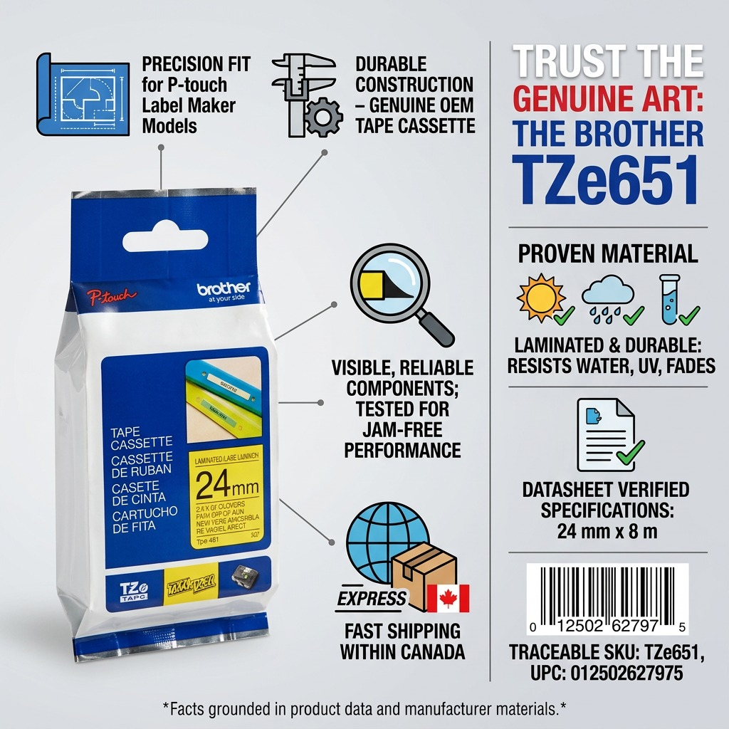 Trust infographic for Brother TZe651 tape showing 24mm size, water resistance, and fast CA shipping.