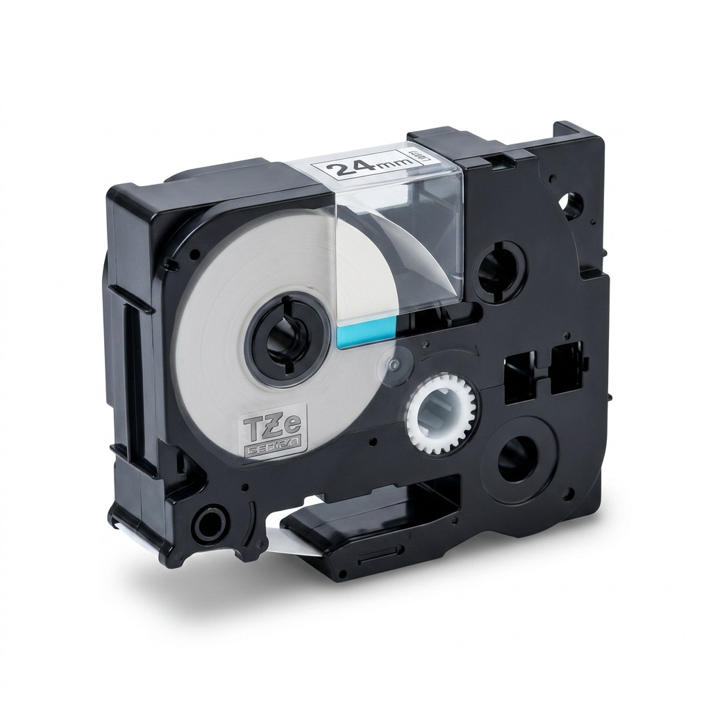 Brother Genuine TZe251 24mm black on white laminated P-touch label tape cartridge on white background.