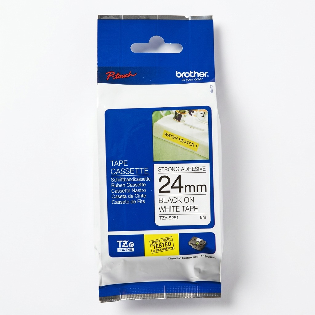 Brother TZe-S251 24mm black on white extra strength adhesive label tape packaging.