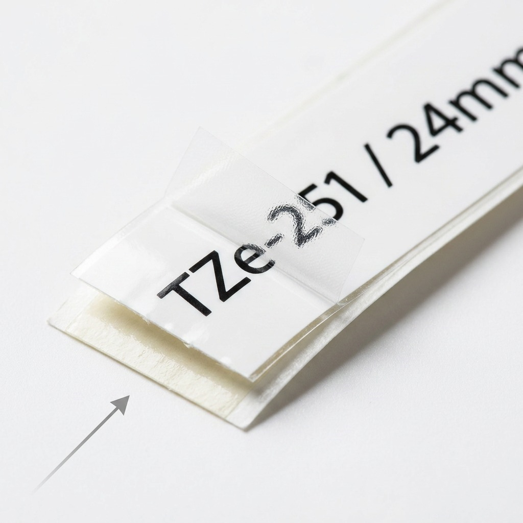 Macro detail of Brother TZe-251 24mm tape showing the laminated surface and clean black printing.