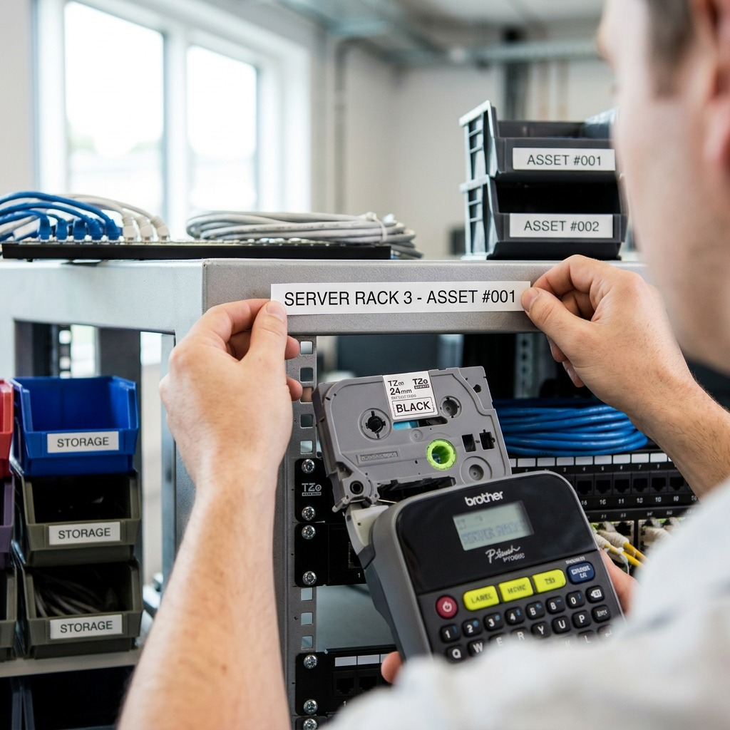 Person applying a Brother TZe251 black on white label to an office server rack with a label maker.