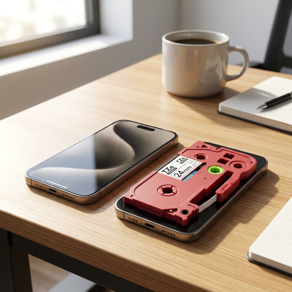 Brother TZe451 24mm tape cassette on an office desk next to a smartphone for size reference.