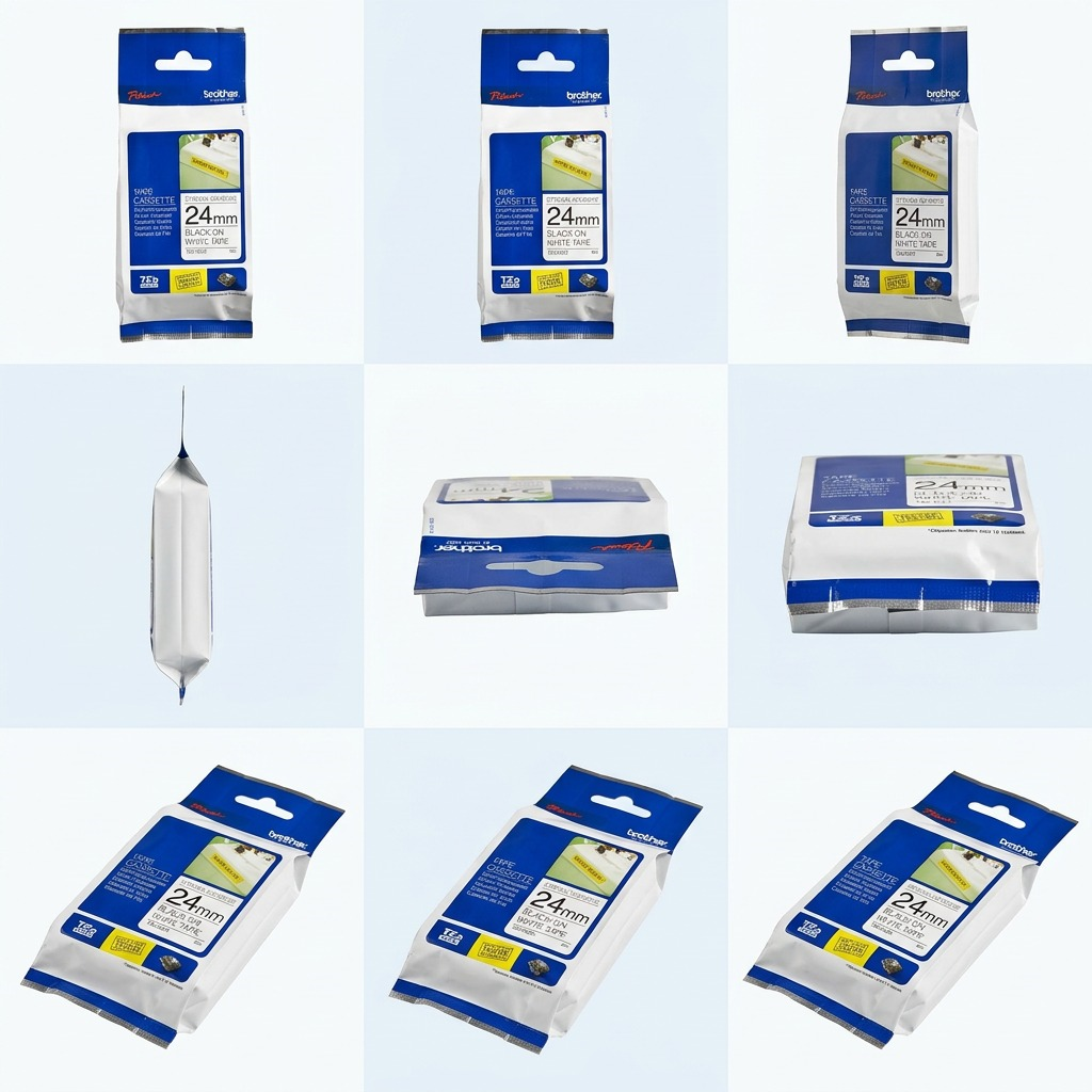 Grid showing Brother TZe-S251 24mm extra strength label tape packaging from multiple angles.