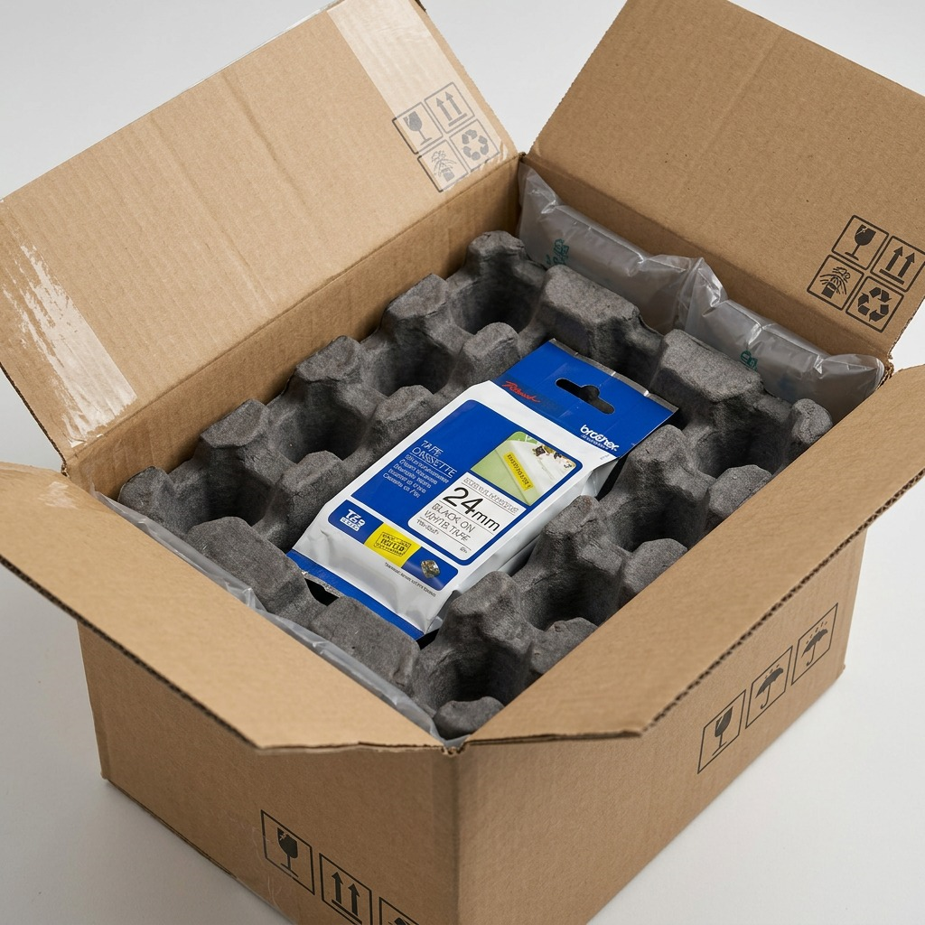 Brother TZe-S251 24mm tape cassette inside a cardboard shipping box with protective molded pulp.