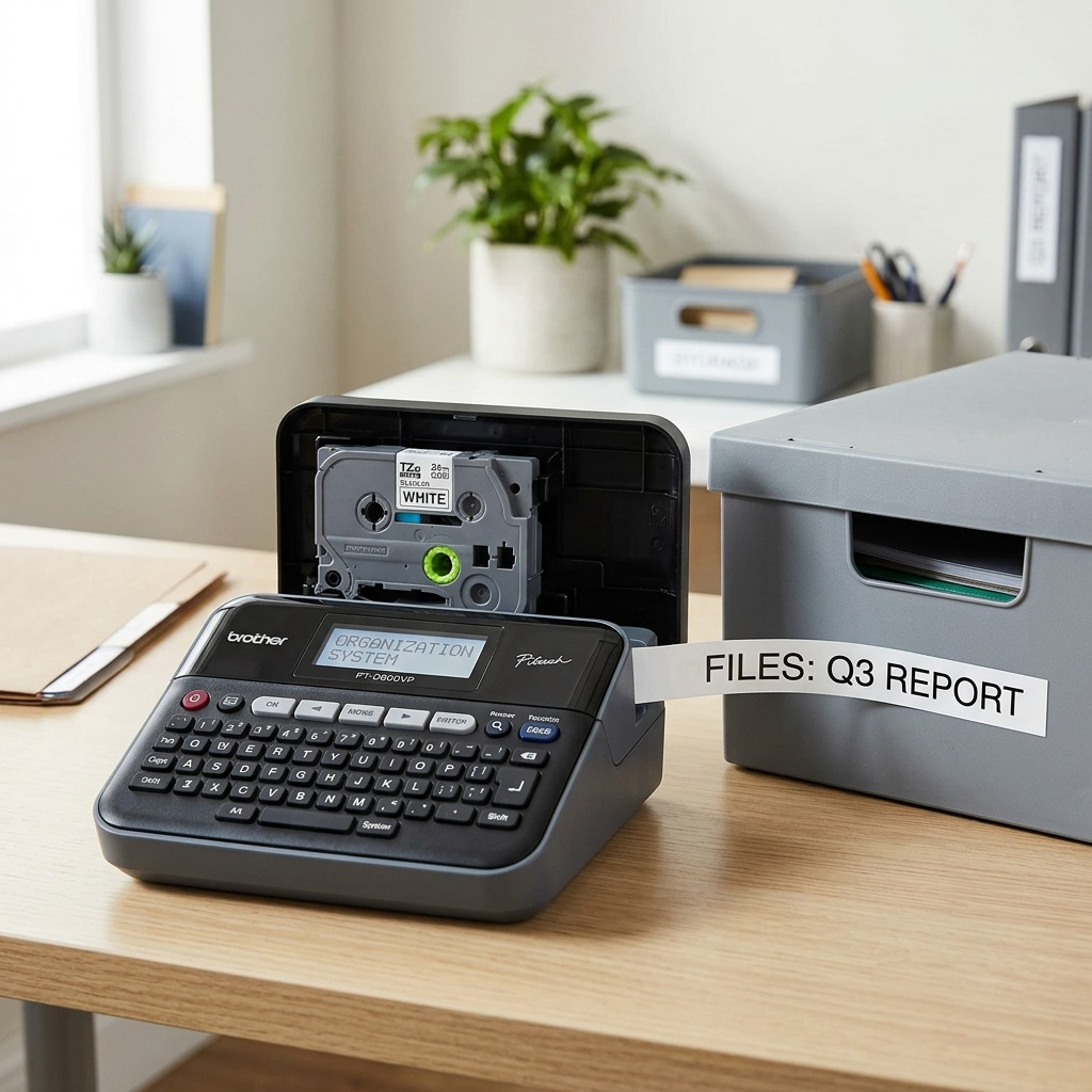 Brother TZe-S251 extra strength label tape being used in a P-touch maker to organize office files.