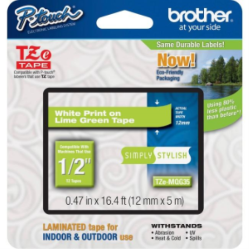 Ruban blanc sur vert citron Brother d'origine TZEMQG35 pour étiqueteuses P-touch, 12 mm de large x 4 m de long