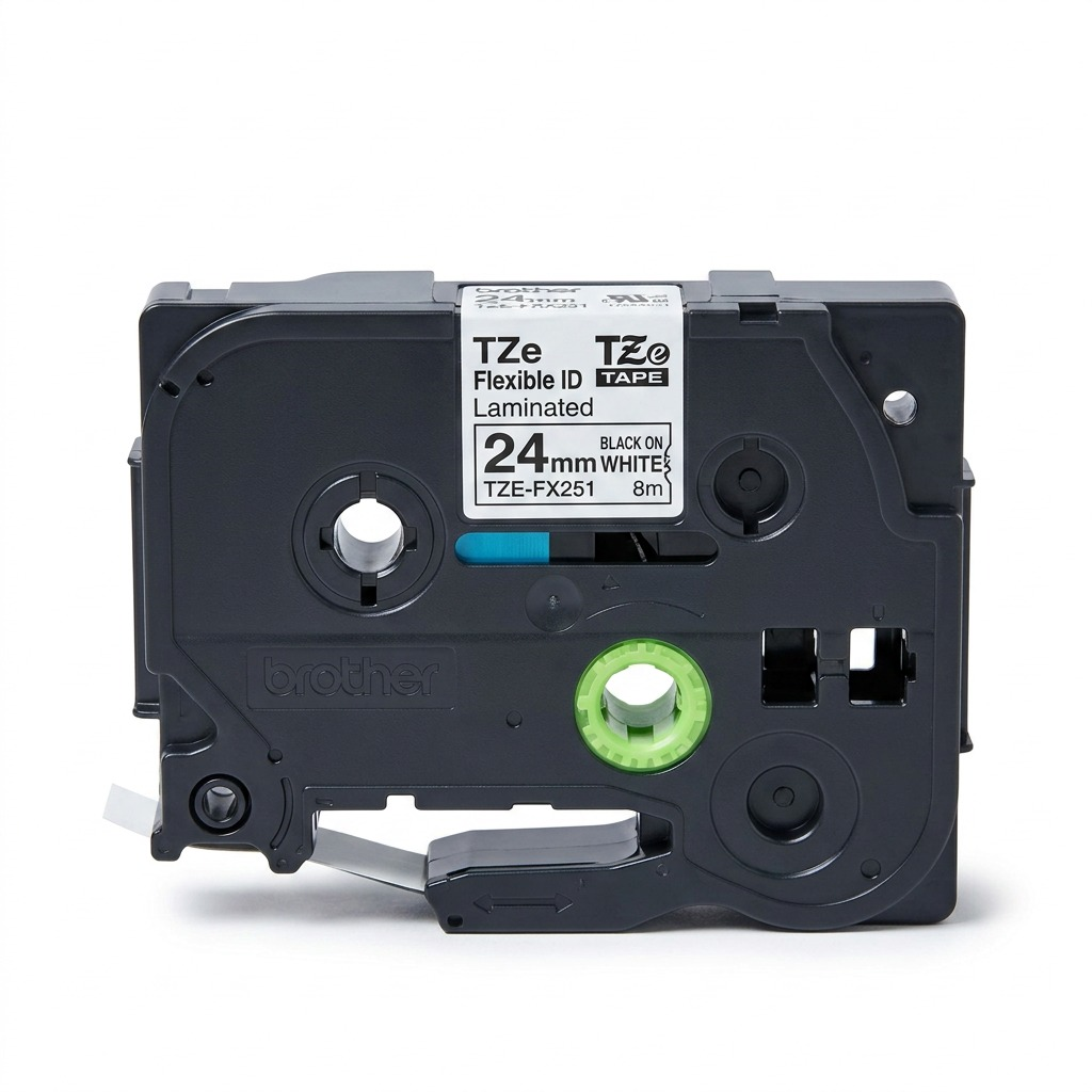 Brother TZe-FX251 24mm Black on White Flexible ID Laminated Tape cartridge on a white background.
