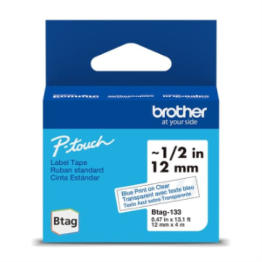 Ruban non laminé Brother d'origine BTAG133 pour étiqueteuses P-touch, bleu sur transparent – 12 mm de large x 4 m de long