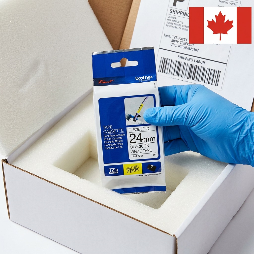 Unboxing a Brother TZe-FX251 24mm tape cassette from a secure shipping box with Canadian shipping.