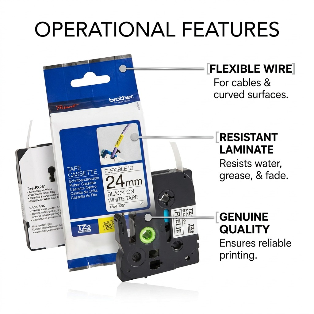 Brother TZe-FX251 24mm Flexible ID Tape features for cable wrapping and water-resistant labeling.