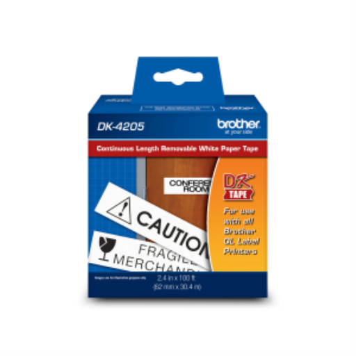 Ruban papier continu amovible Brother DK-4205 Noir/Blanc 2,4" x 100' (62 mm x 30,4 m)