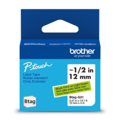 Ruban non laminé Brother d'origine BTAGG31 pour étiqueteuses P-touch, noir sur vert – 12 mm de large x 4 m de long