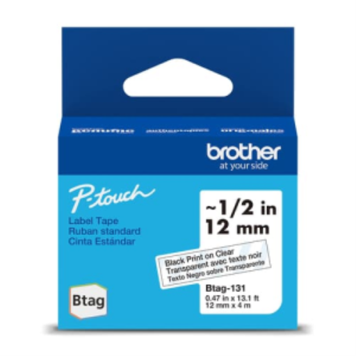 Ruban non laminé Brother d'origine BTAG131 pour étiqueteuses P-touch, noir sur transparent – 12 mm de large x 4 m de long  